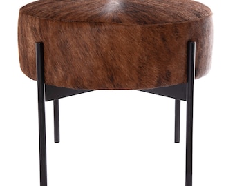 Brown Cowhide Round Metal Bench | Authentic Cowhide Seat | Various Finish Options
