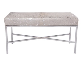 Silver Devoré Cowhide Metal Bench | Chrome Finish X-Bench | Genuine Cowhide | Assorted Finishes