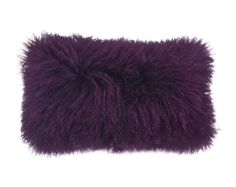 Eggplant Purple Tibetan Lamb Lumbar Pillow | Luxurious Sheepskin Pillows | Feather Down Inner | Genuine Mongolian Fur