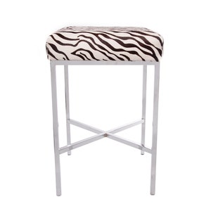 May include: A zebra-print upholstered stool with a chrome metal frame. The stool has a square seat and a simple, modern design.