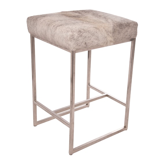 Gray Cowhide Barstool Satin Nickel Metal Finish Sleek and