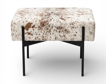 White & Brown Speckle Cowhide Upholstered Bench with Matte Black Base – Custom Sizes and Finishes