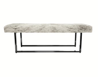 Belagio Cowhide Metal Bench – White & Brown Speckle Cowhide