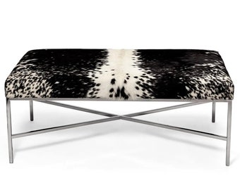 White and Black Speckle Cowhide Metal Bench | Chrome Finish X-Bench | Genuine Cowhide | Assorted Finishes