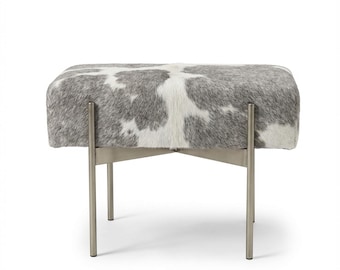 White & Gray Cowhide Upholstered Bench with Satin Nickel Base – Custom Made in Texas