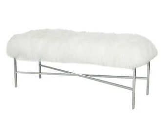 White Mongolian Fur Bench - Real Lambskin Entryway / Bedroom / Living room furniture