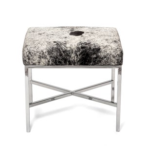 White & Black Cowhide Stool with Chrome Base – Upholstered with Sustainably Sourced Brazilian Cowhide