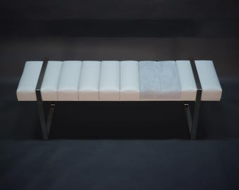 Cream Leather and Gray Suede Upholstered Bench – Custom Options Available – Made to Order in Texas
