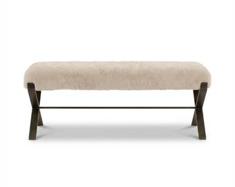 White Sheepskin Metal Bench | Real Shearling Sheepskin Matte Black Bench