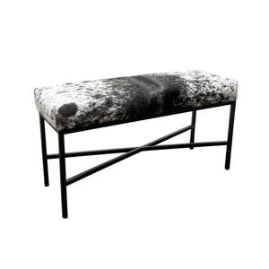 White and Black Cowhide Bench | Sleek Matt Black Metal Base Finish  | Contemporary Design