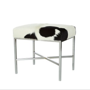 White and Black Cowhide Stool | Sleek Chrome Metal Base | Contemporary Design