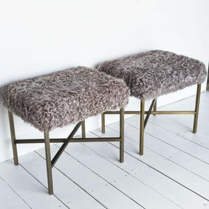Pair of Gray Kalgan Lamb Stools – Antique Brass X-Frame Base