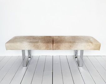 Beige & White Speckle Cowhide Bench | Chrome Legs | Handmade in Texas