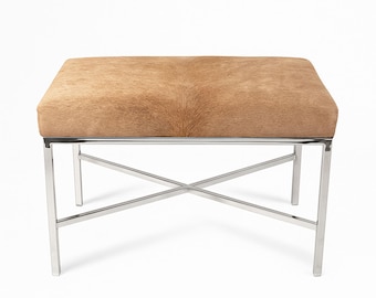 Taupe Cowhide Bench – Custom Made in Texas, Chrome Base, Modern Upholstered Seating