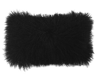 Almohada lumbar de cordero tibetano negro - Funda suave de piel de Mongolia