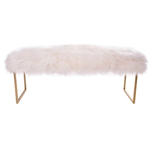 White Tibetan Lamb Metal Bench - Real Mongolian Lambskin Entryway / Living Room / Dining Room / Bedroom Bench