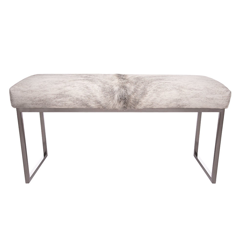 Grey white Cowhide Metal Bench Satin Nickel Finish Genuine Cowhide