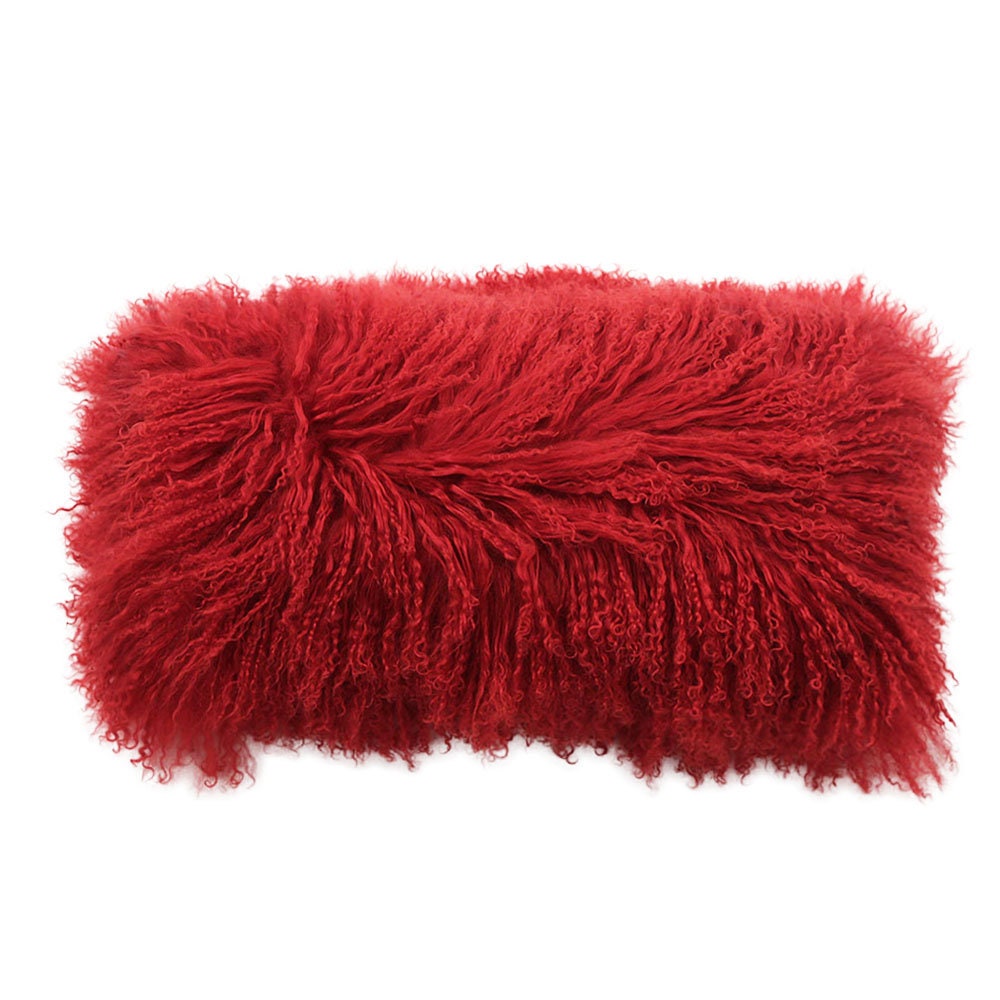 thumbnail image 2 of Real Mongolian Tibetan Lamb Fur Red Pillow - Soft Decorative Cushion, Tibet Style 2 of 6