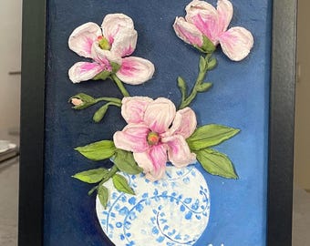 3D Flower Sculpture Painting on Photo Frame: Handmade Textured Wall Art