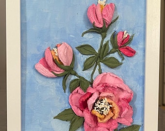3D Flower Sculpture Painting on Photo Frame: Handmade Textured Wall Art