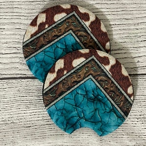 Western Car Coasters| /car accessory/punchy/western/western vibes/cow hide/tooled leather/turquoise/gifts/gifts under 20