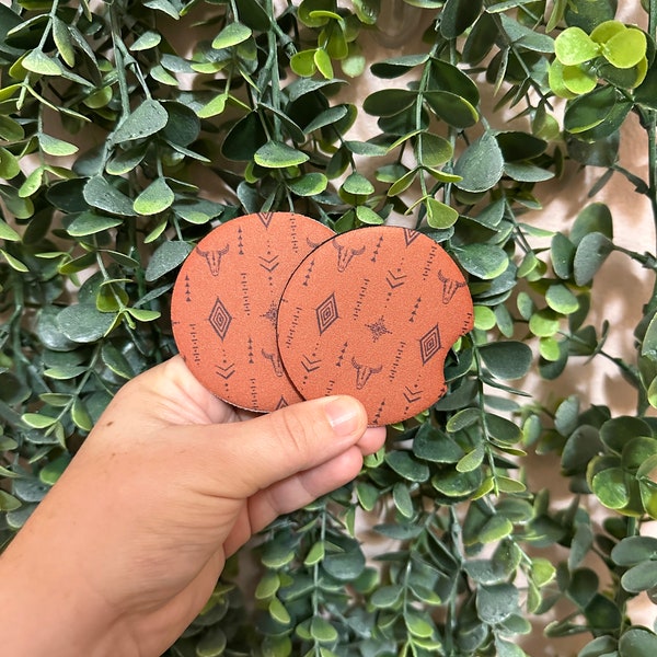 Western Car Coasters| /car accessory/punchy/western/western vibes/cow hide/burnt orange/black/bull skull/gifts/gifts under 20