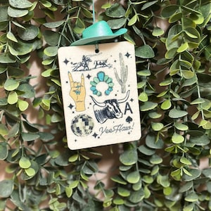 Western mash up Car Freshie/ car accessory/cowgirl/punchy/cowboy hat/turquoise/yeehaw/disco ball/ bull/ cactus