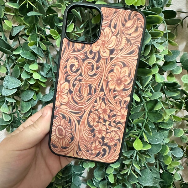 Tooled Leather Flowers iPhone Case/iPhone/country/gifts/phone accessory/flowers/sunflower/western/iPhone 14/iPhone 15