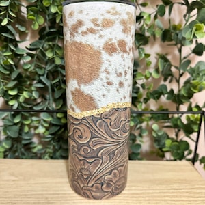 Cowhide and tooled leather western 20 oz Tumbler/ cowhide/ leather/western/glitter/sublimation