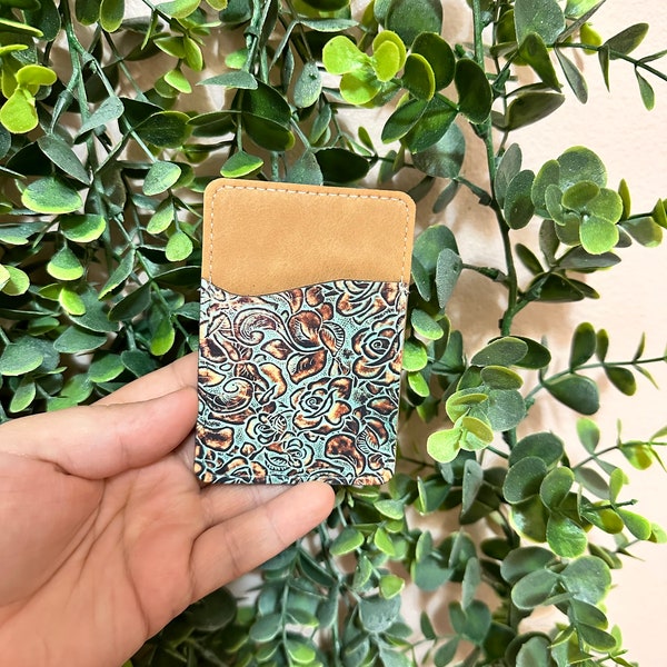 Tooled Leather Phone Wallet Card Holder| iPhone/phone wallet/cards/gifts/peel and stick/ western vibes/ phone accessory/