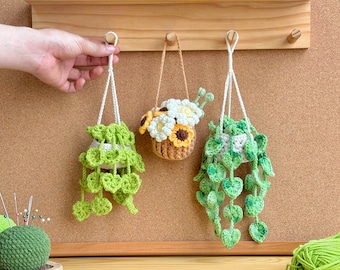 Pothos Plant Crochet Pattern, Sunflower Basket Mix Crochet Pattern, Drooping Leaves Crochet Pattern, Hanging basket crochet pattern