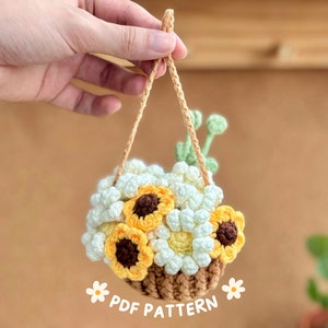 ひまわりバスケットミックスかぎ針編みパターン、植物かぎ針編みパターン、吊り下げ植物パターン、フラワーバスケット吊り下げかぎ針編み