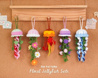 Floral Jellyfish Car Hanging Crochet Pattern Bundle, Rose Flowers Pattern,Heart Leaves Pattern,  Cosmos Flowers Pattern,Baby Flowers Pattern