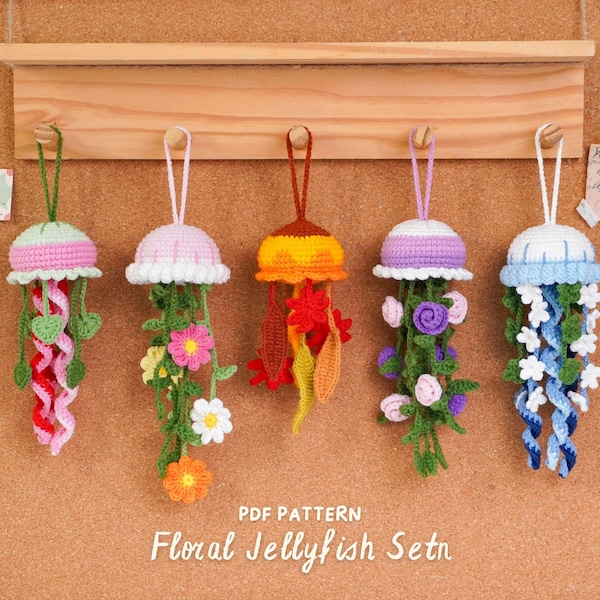 Floral Jellyfish Car Hanging Crochet Pattern Bundle, Rose Flowers Pattern,Heart Leaves Pattern,  Cosmos Flowers Pattern,Baby Flowers Pattern