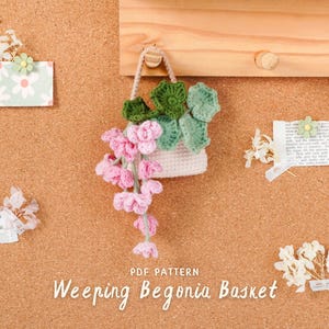Può includere: Un cestino all'uncinetto di Begonia Piangente, con fiori rosa e foglie verdi, è appeso a una tavola di legno. Il cestino è bianco. L'immagine include piccoli accenti floreali e il testo "PDF PATTERN Weeping Begonia Basket".