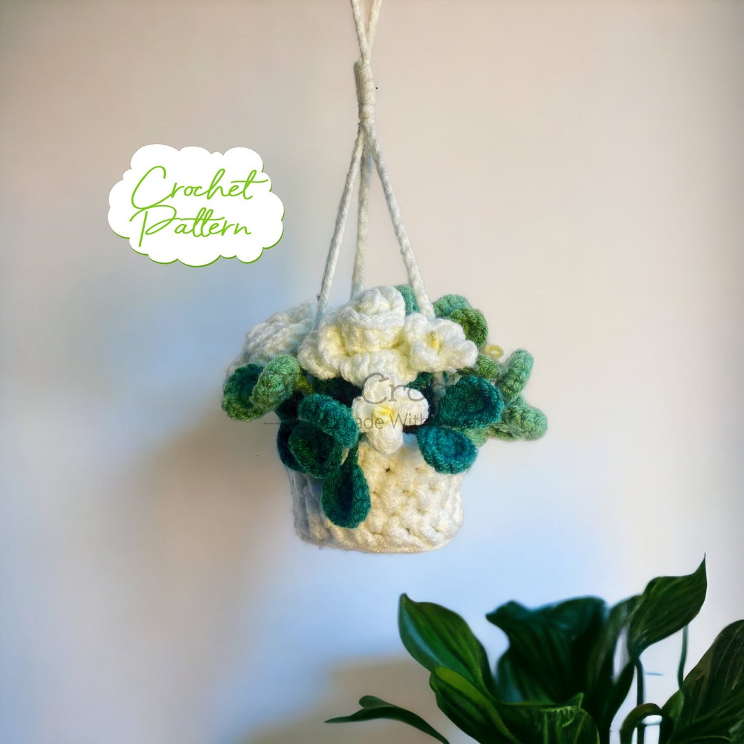 Plant Crochet Pattern, White Rose Car Hanging, Crochet Hanging Plant