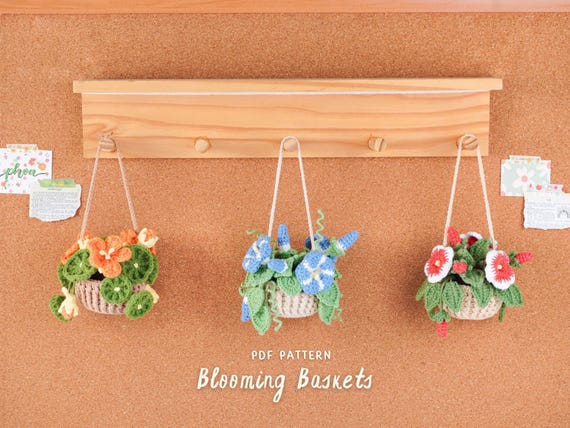 Blooming Baskets Crochet Patterns Bundle, Nasturtium Basket Pattern, Morning Glory Basket Pattern, Petunia Basket Pattern, PDF Pattern