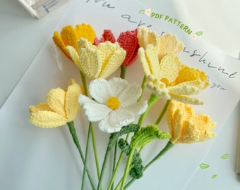 May include: A bouquet of crocheted flowers in shades of yellow, orange, and white. The flowers are arranged in a vase and have green stems. The text "PDF PATTERN" is visible in the image.