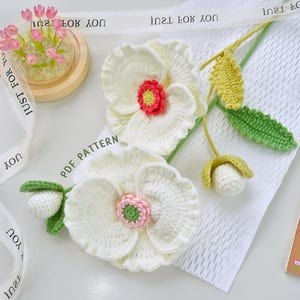 May include: Crocheted white flowers with pink and green centres. The flowers are attached to a green stem with leaves. The flowers are on a white crocheted background. The text "JUST FOR YOU" and "JOY OF TUL" is on a white ribbon.
