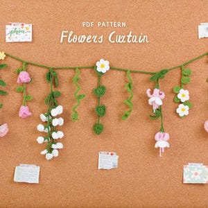 May include: A handmade crochet flower curtain with pink, white, and yellow flowers and green leaves. The text "PDF PATTERN Flowers Curtain" is displayed above the curtain. The curtain is displayed on a brown corkboard.