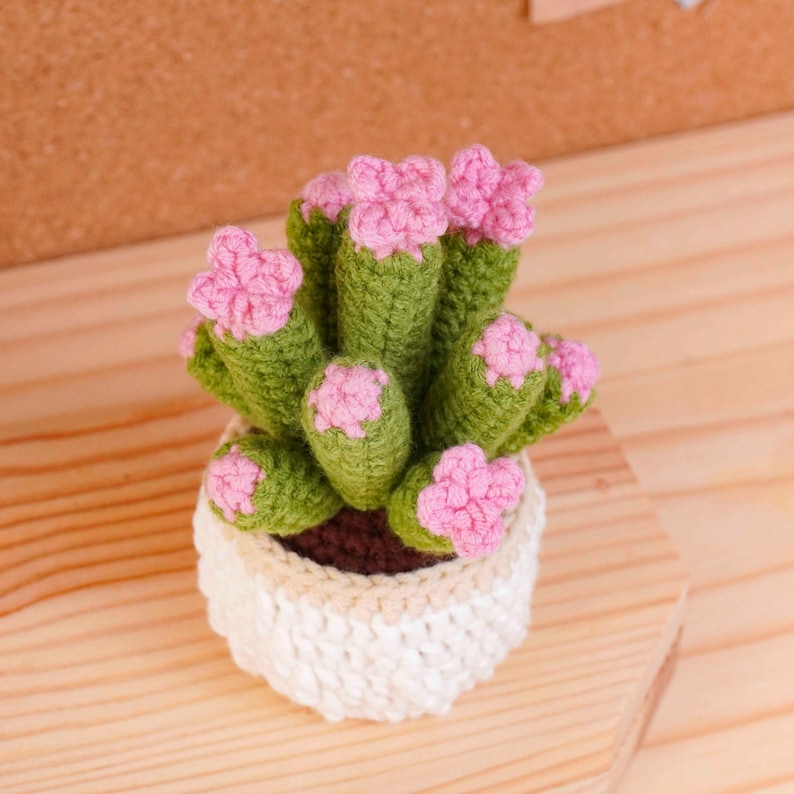 May include: A crocheted cactus plant in a small white pot. The cactus has multiple green cylindrical stems, each topped with a small, textured pink flower. The pot is made of white yarn with a beige rim, and the soil is represented by dark brown yarn.