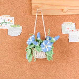 May include: A handmade crochet hanging basket featuring blue and white morning glory flowers and green leaves. The basket is cream-colored and suspended by a white cord. The background is a corkboard with small notes.
