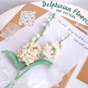 Wzór szydełkowy na kwiat delphinium, wzór szydełkowy na bukiet kwiatów, wzór szydełkowy na kwiat, wzór PDF na kwiat delphinium