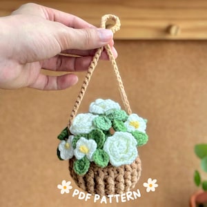 ホワイトローズフラワーバスケットミックスかぎ針編みパターン、植物かぎ針編みパターン、吊り下げ植物パターン、フラワーバスケット吊り下げかぎ針編み