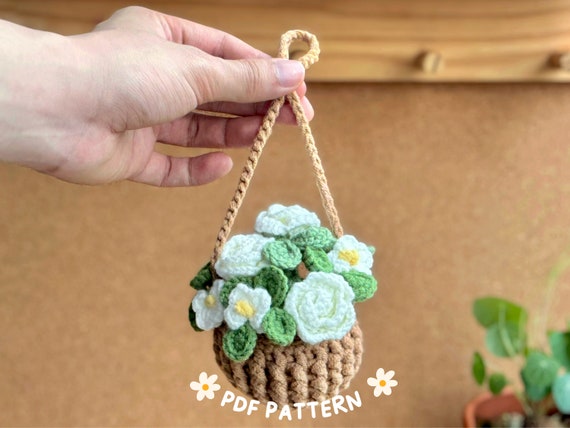White Rose Flower Basket Mix Crochet Pattern, Plant Crochet Pattern, Hanging Plant Pattern, Flower Basket Hanging  Crochet