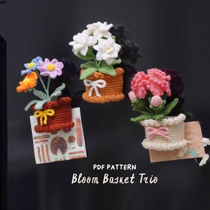 May include: Three crochet flower pot magnets with colorful flowers and decorative bows. The text "PDF PATTERN Bloom Basket Trio" is visible. The magnets are attached to a black surface.
