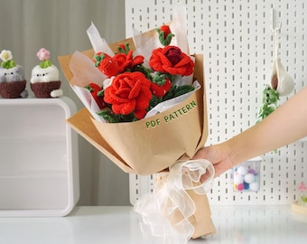 Passionate Red Rose Bouquet Crochet Pattern, Crochet Flower Bouquet Patterns, Crochet Flower Patterns, Wedding Flower Crochet Pattern