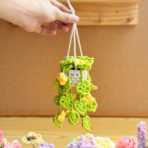 May include: A crocheted hanging planter with green leaves and yellow flowers. The planter is white and has a crocheted design. The planter is hanging from a white string.