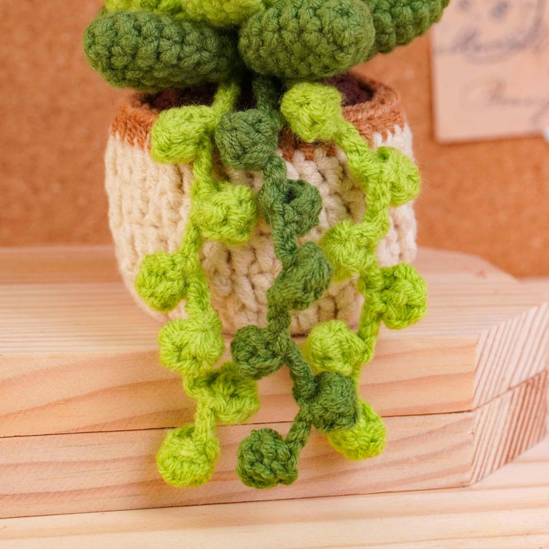 May include: A crocheted string of pearls plant in a small, cream-colored pot with a brown rim. The plant features multiple trailing stems with small, round, light and dark green crocheted beads that hang down over the sides of the textured yarn pot.