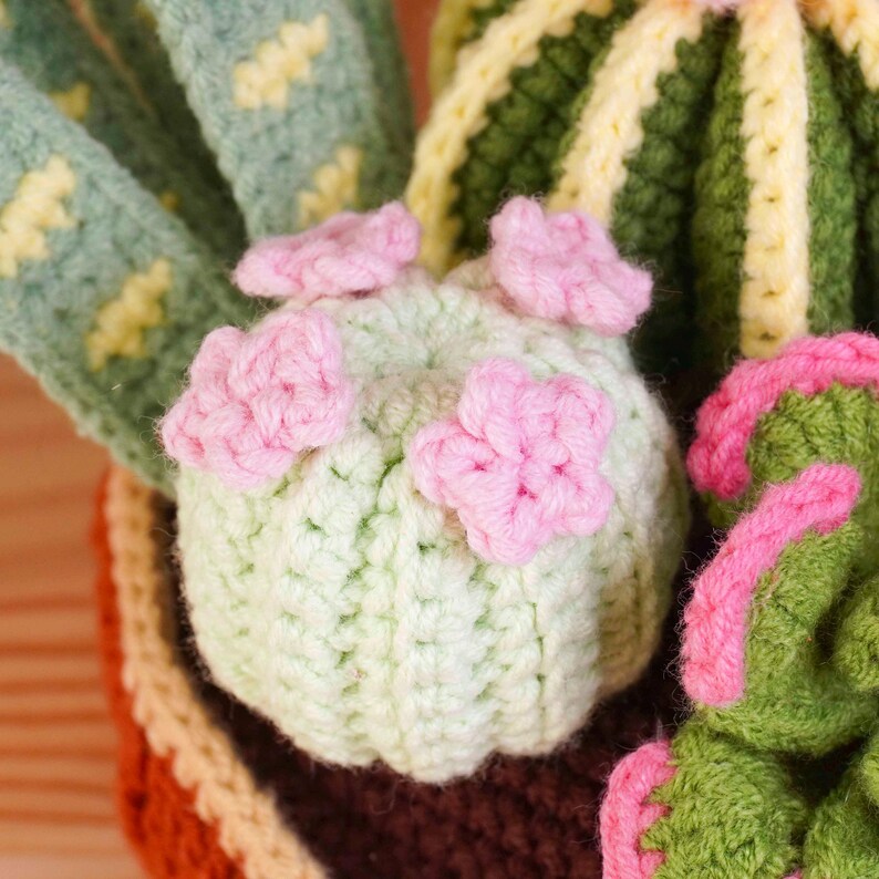 May include: A collection of crocheted cacti in a brown pot. The arrangement features a pale green round cactus with light pink flowers, a dark green ribbed cactus with yellow accents, and a green succulent with pink-tipped edges.